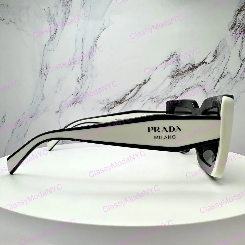 New PRADA Sunglasses Black White Talc Gold Symbole Logo Womens Rectangle